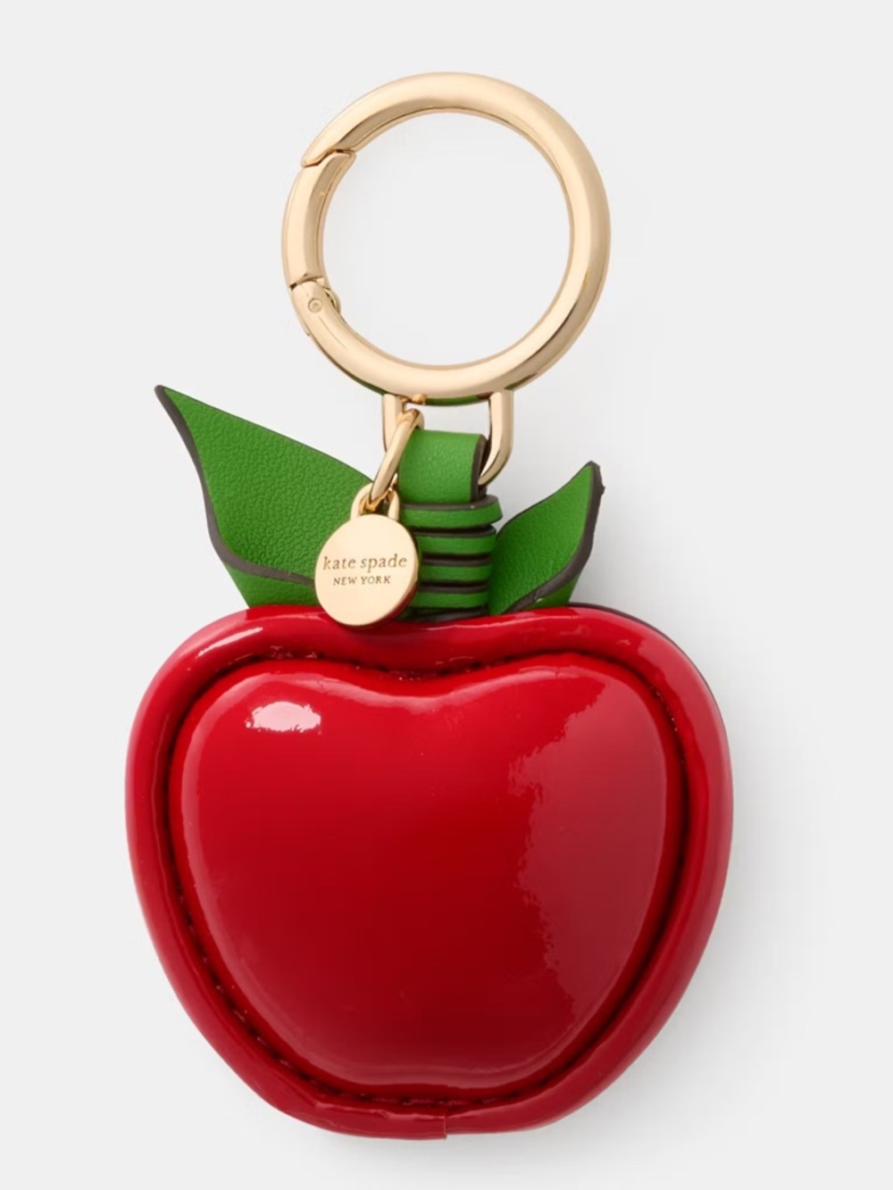 kate spade glossy red apple charm with green leaves and gold hardware